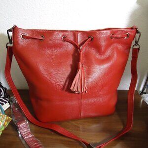 LN Damero Red Leather 2 Way Carry Drawstring Bucket Bag 2 Tassels As Is